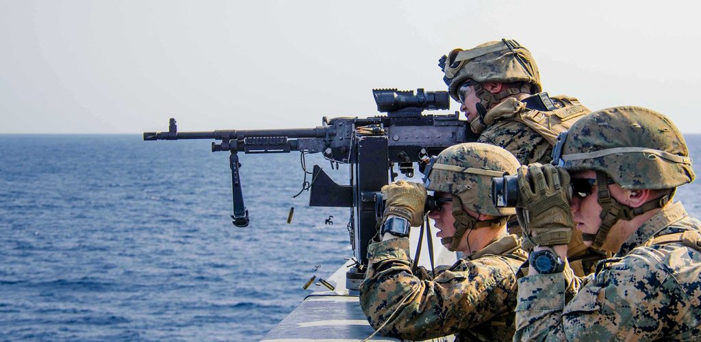 EAST CHINA SEA (March 4, 2017) Marines assigned to Battalion Landing Team 2nd Battalion, 5th Marines, participate in a defense of the amphibious task force (DATF) gunnery exercise aboard the amphibious transport dock ship USS Green Bay (LPD 20). During the DATF exercise, Green Bay’s small caliber action team (SCAT) worked together with Marines from the 31st Marine Expeditionary Unit (MEU) in order to provide 360-degree coverage of the ship. Green Bay, with embarked 31st MEU, is on a routine patrol, operating in the Indo-Asia-Pacific region to enhance partnerships and be a ready-response force for any type of contingency.