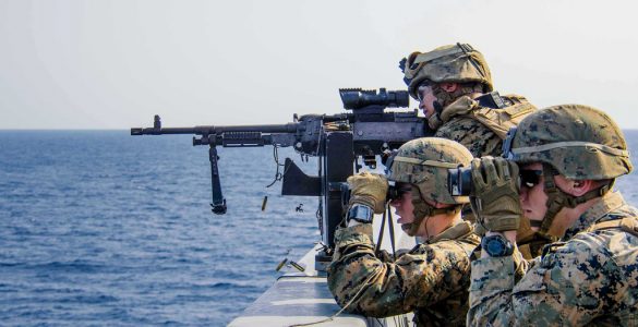 EAST CHINA SEA (March 4, 2017) Marines assigned to Battalion Landing Team 2nd Battalion, 5th Marines, participate in a defense of the amphibious task force (DATF) gunnery exercise aboard the amphibious transport dock ship USS Green Bay (LPD 20). During the DATF exercise, Green Bay’s small caliber action team (SCAT) worked together with Marines from the 31st Marine Expeditionary Unit (MEU) in order to provide 360-degree coverage of the ship. Green Bay, with embarked 31st MEU, is on a routine patrol, operating in the Indo-Asia-Pacific region to enhance partnerships and be a ready-response force for any type of contingency.