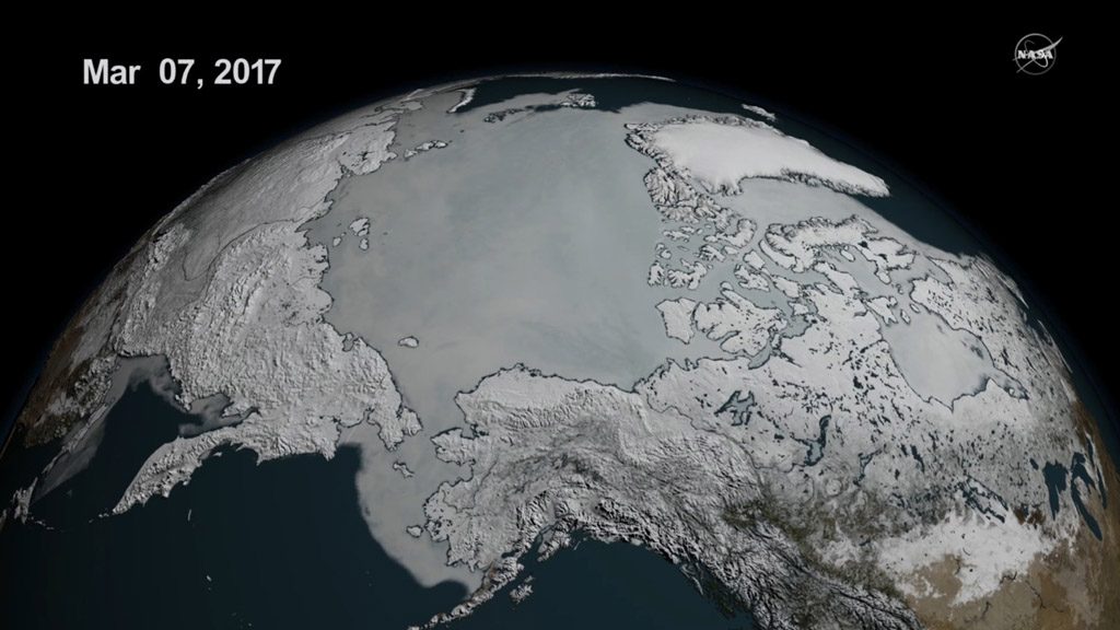 Arctic sea ice maximum extent was a record low, due to warmer-than-average temperatures, winds unfavorable to ice expansion, and a series of storms. Antarctic sea ice also broke a record with its annual minimum extent on March 3