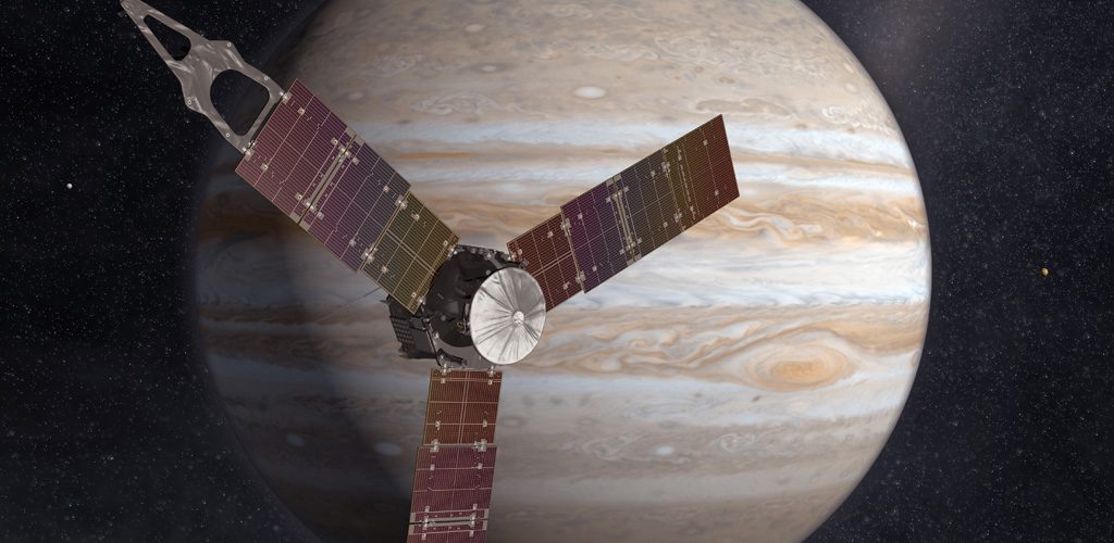 juno spacecraft orbiting saturn, illustration by NASA