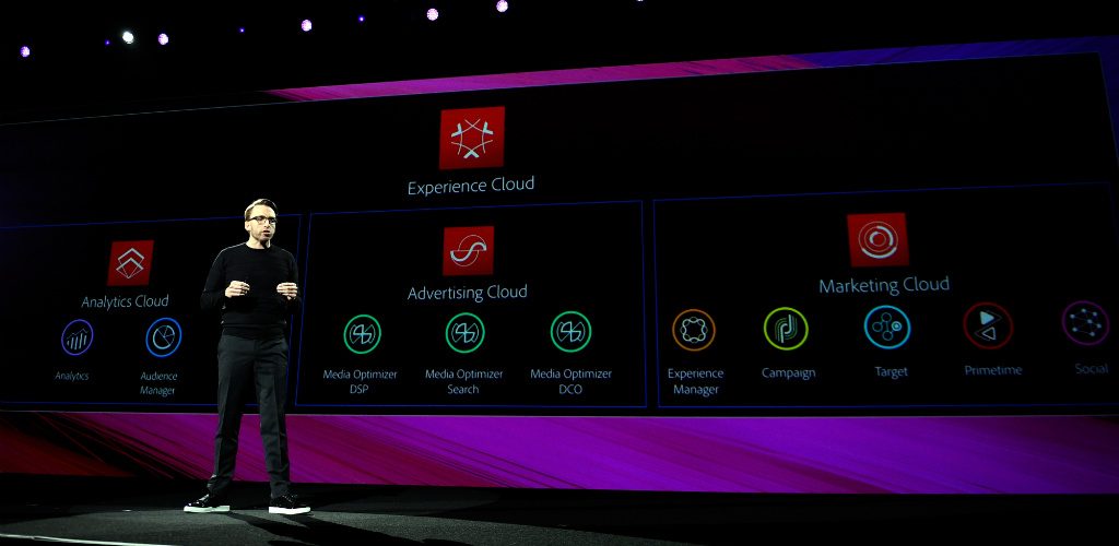 Brad Rencher, Adobe Executive Vice President and General Manager, talks about Experience Cloud which is comprised of Adobe Marketing Cloud, Adobe Advertising Cloud and Adobe Analytics Cloud at Summit 2017 in Las Vegas on Tuesday, March 21, 2017.