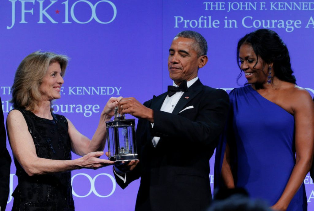 Caroline Kennedy presented former President Barack Obama with a “Profile in Courage” award at the John F. Kennedy Presidential Library in Boston on Sunday.