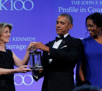 Caroline Kennedy presented former President Barack Obama with a “Profile in Courage” award at the John F. Kennedy Presidential Library in Boston on Sunday.