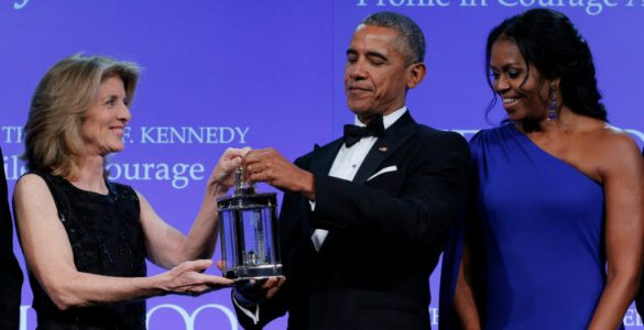 Caroline Kennedy presented former President Barack Obama with a “Profile in Courage” award at the John F. Kennedy Presidential Library in Boston on Sunday.