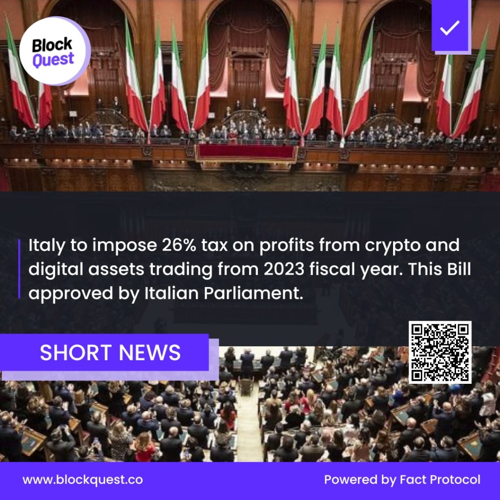 Italy to impose 26 percent tax on crypto trading profits from 2023 fiscal year. Block Quest news by Fact Protocol.