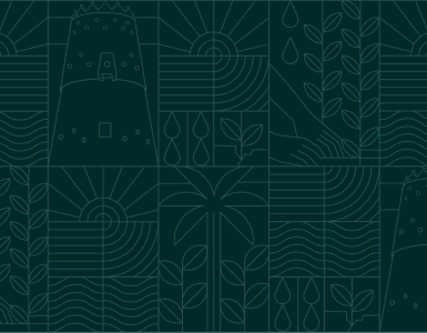 Colorful rectangular event concept pattern for UNCCD COP16 featuring icons of plants, sun, water, trees, air, moisture, and droplets, symbolizing themes of sustainability, land restoration, and environmental resilience.